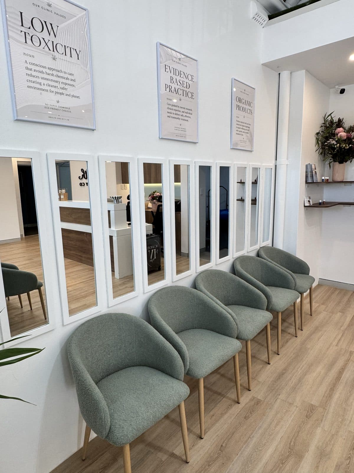 Health Society Co. values wall: Low Toxicity, Evidence Based Practice, Organic Products